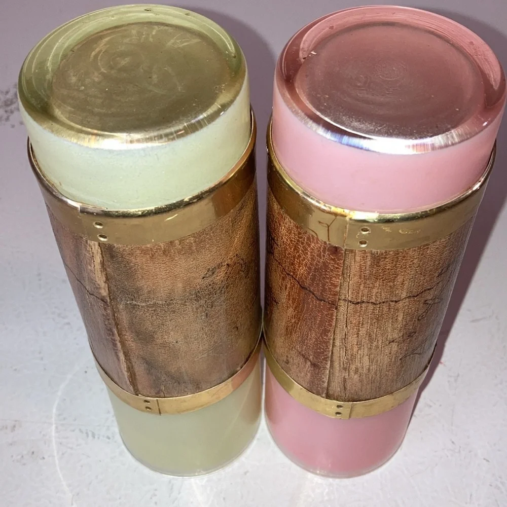 Libbey Palm Royale Tall MCM Frosted Glasses W/ Wood Tiki Bands Gold Pink Green